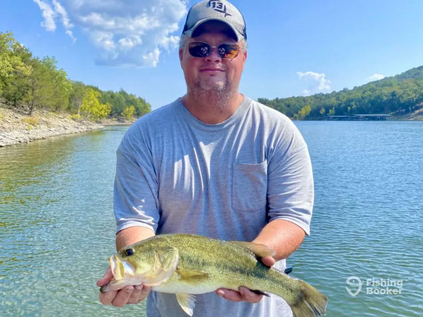 A bass caught on a Wrinkle Outdoors Table Rock Lake trip